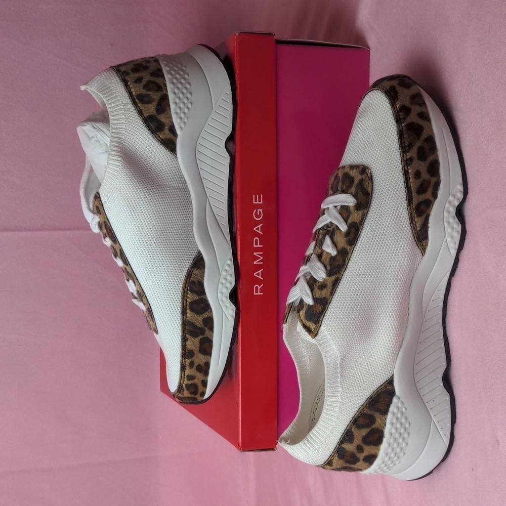Rampage Raine Knit and Calf Hair White and Leopard Print Sneakers